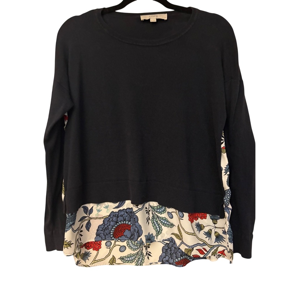 LOFT Navy Floral Mixed Media Sweater Long Sleeve Knit Back Pullover LP Petites